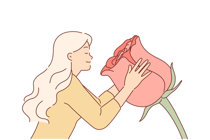 Une femme renifle une énorme fleur de rose en appréciant l'arôme d'une plante à floraison printanière utilisée pour créer du parfum  Illustration