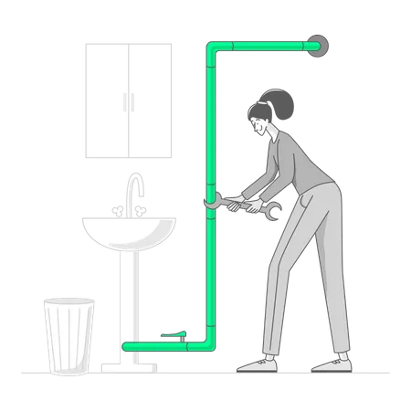 Femme réparant un tuyau dans la salle de bain  Illustration