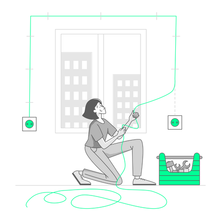 Une femme répare le câblage électrique dans une maison  Illustration