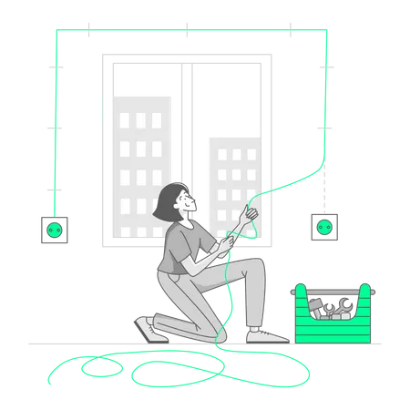 Une femme répare le câblage électrique dans une maison  Illustration