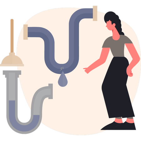 Femme répare une fuite de conduite d'eau  Illustration