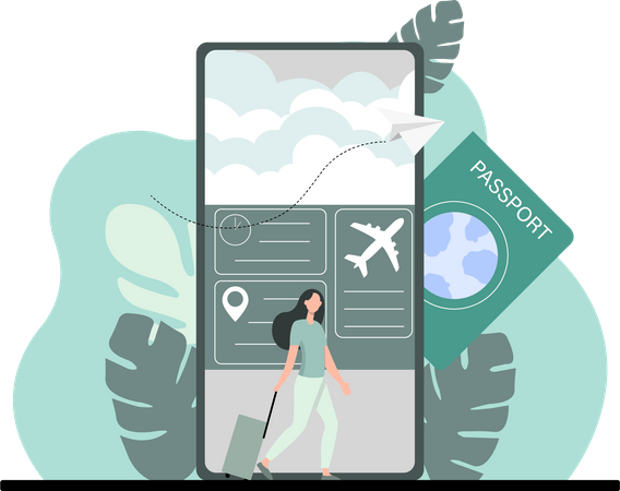 Femme réservant un billet d'avion sur mobile  Illustration