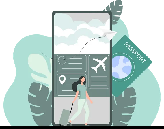 Femme réservant un billet d'avion sur mobile  Illustration