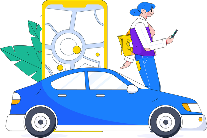 Femme réservant un taxi sur une application mobile  Illustration