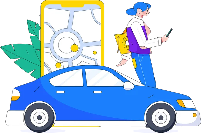 Femme réservant un taxi sur une application mobile  Illustration