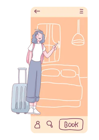 Une femme réserve un logement via une application  Illustration