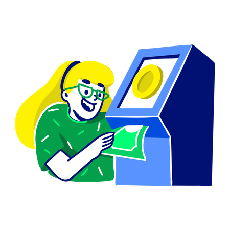 Femme Retrait d'argent en pensant Crypto ATM  Illustration