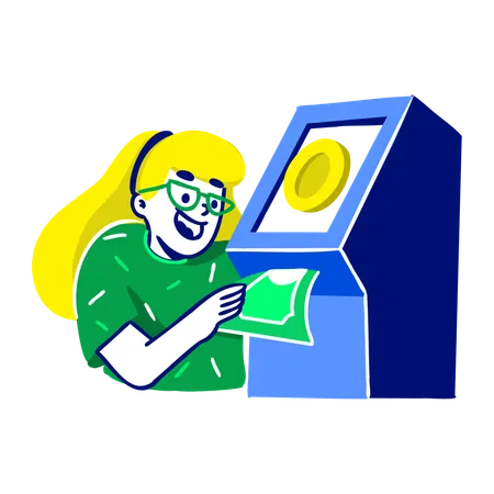 Femme Retrait d'argent en pensant Crypto ATM  Illustration