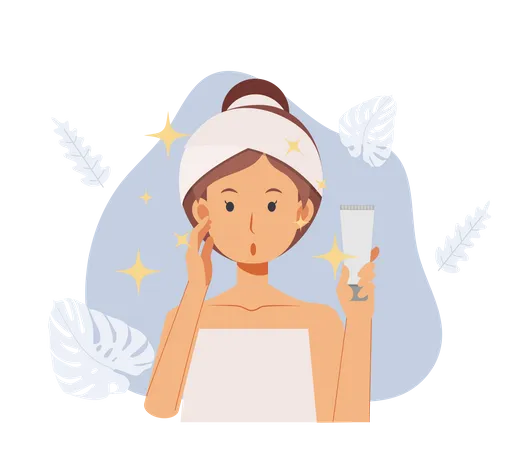 Femme examinant les produits de soins de la peau  Illustration