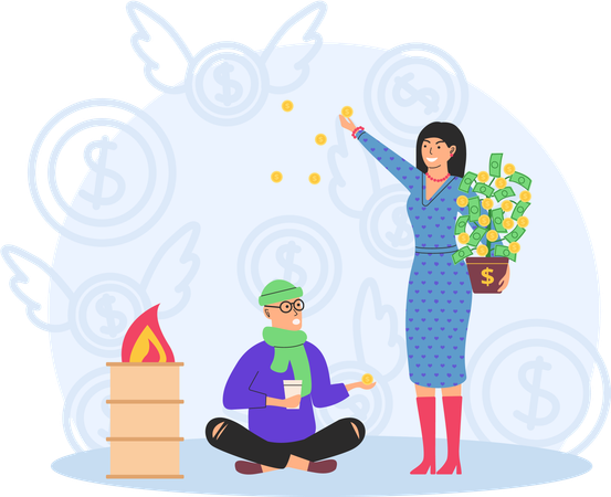 Une femme riche et heureuse disperse des billets et un homme pauvre qui mendie dans la rue  Illustration