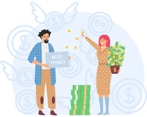 Une femme riche et heureuse disperse des billets et un homme pauvre qui mendie dans la rue  Illustration