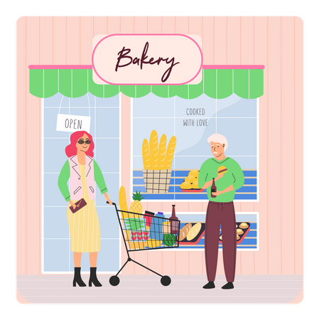Femme riche faisant des courses pour l'épicerie voyant un vieil homme pauvre  Illustration
