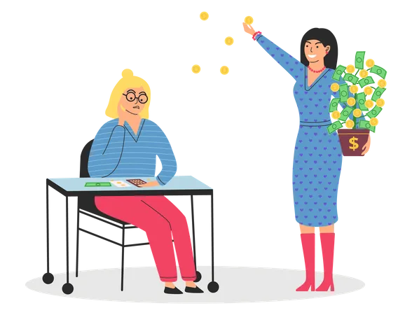 Une femme riche et heureuse disperse de l'argent tandis qu'une femme pauvre compte ses économies sur la calculatrice  Illustration