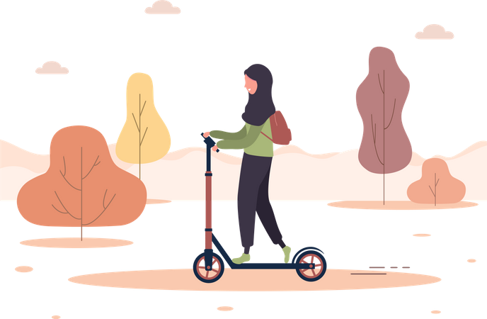 Femme ride scooter dans le parc  Illustration