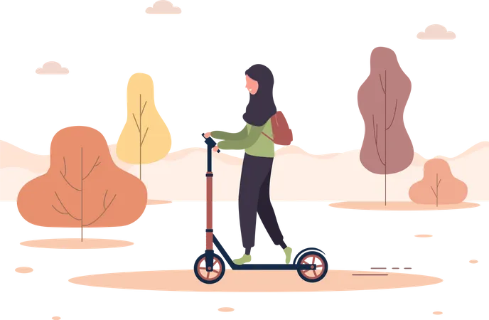 Femme ride scooter dans le parc  Illustration