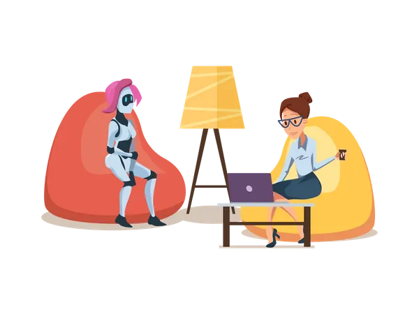 Robot féminin et employée féminine assise sur un pouf  Illustration