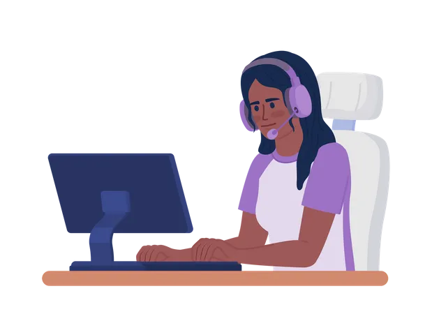 Femme tapant sur le clavier tout en portant un casque  Illustration