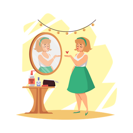 Femme satisfaite de son apparence dans le miroir  Illustration