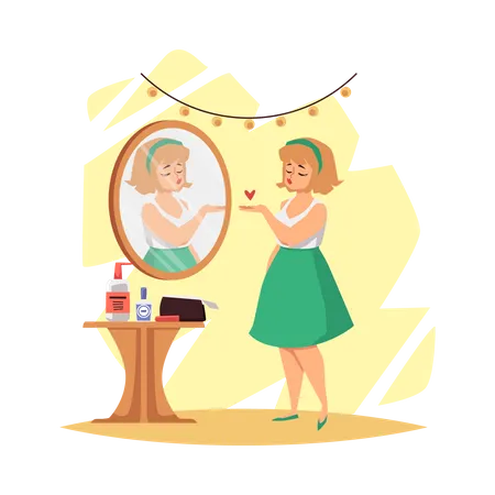 Femme Assez En Surpoids Satisfaite De Son Apparence Dans Le Miroir Banniere Pour Le Sujet De La Positivite Corporelle Illustration