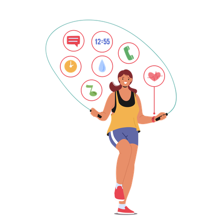 Une femme saute à la corde tout en utilisant une application de fitness pour montre connectée  Illustration