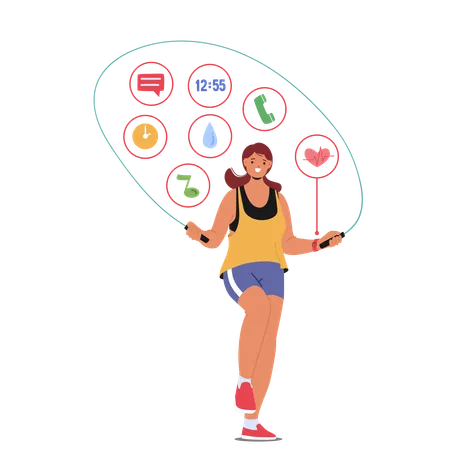 Une femme saute à la corde tout en utilisant une application de fitness pour montre connectée  Illustration