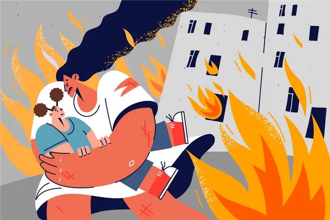 Une femme sauve une petite fille du feu  Illustration