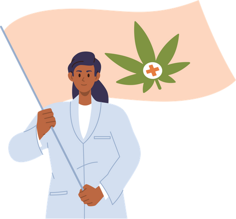 Une scientifique en uniforme promouvant la légalisation de la plante de cannabis à des fins médicales  Illustration