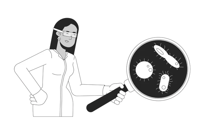 Une scientifique examine des micro-organismes à l'aide d'une loupe  Illustration