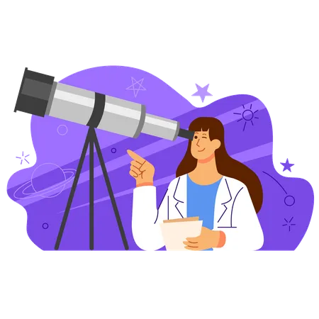 Scientifique féminine regardant à travers un télescope d'astronomie  Illustration