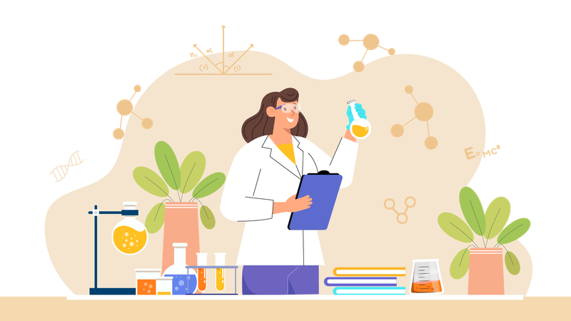 Femme scientifique regardant un produit chimique  Illustration