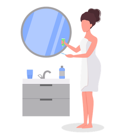 Femme se brossant les dents dans la salle de bain  Illustration