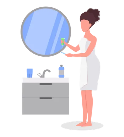 Femme se brossant les dents dans la salle de bain  Illustration