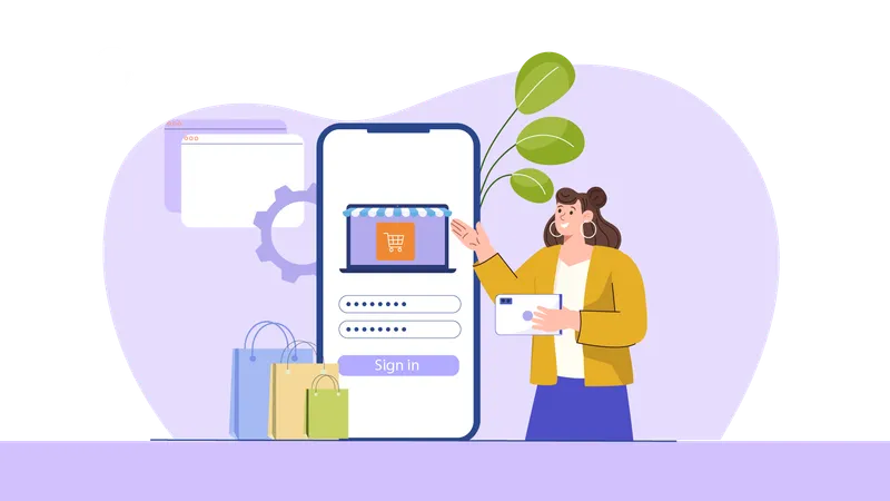 Une femme se connecte à son compte d'achat  Illustration