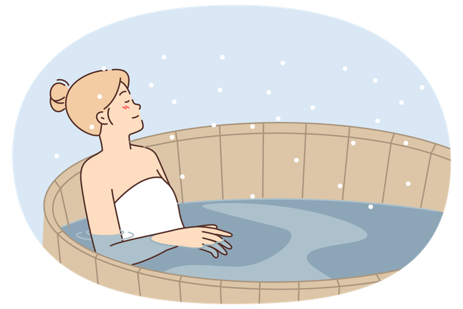 Une femme se détend dans un sauna finlandais en bois avec de l'eau chaude et profite d'un spa extérieur chaud  Illustration