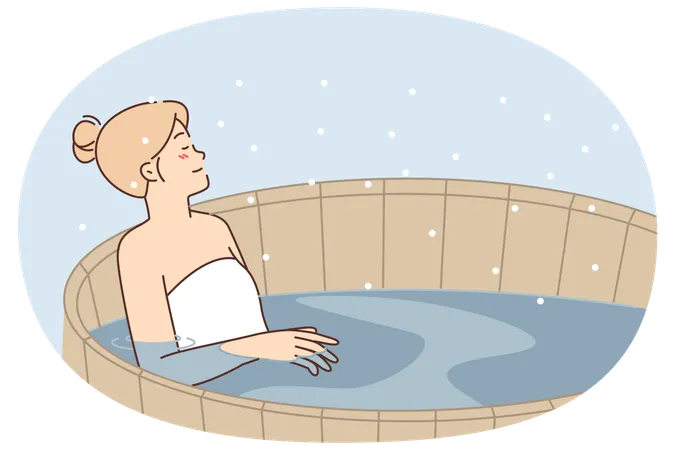 Une femme se détend dans un sauna finlandais en bois avec de l'eau chaude et profite d'un spa extérieur chaud  Illustration