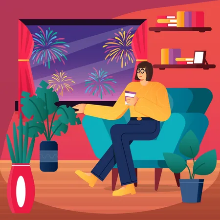 Femme se reposant à la maison pendant la célébration du nouvel an  Illustration