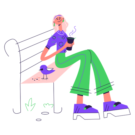 Femme se détendant dans le parc avec un café  Illustration