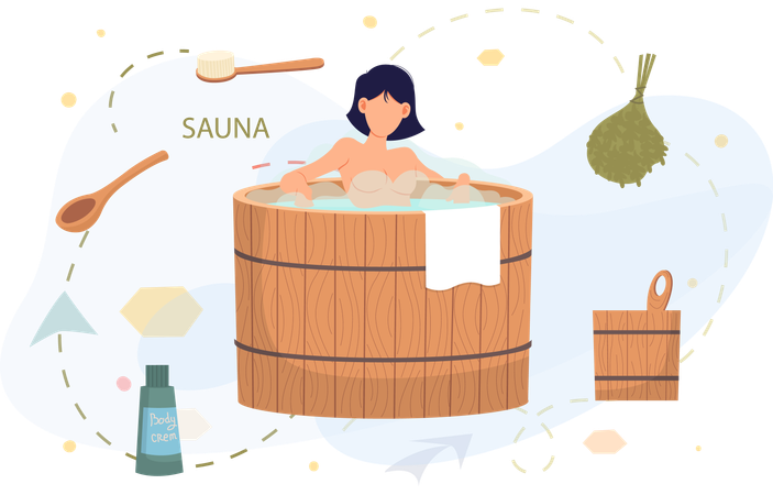 Femme se relaxant dans un bain à remous en bois  Illustration