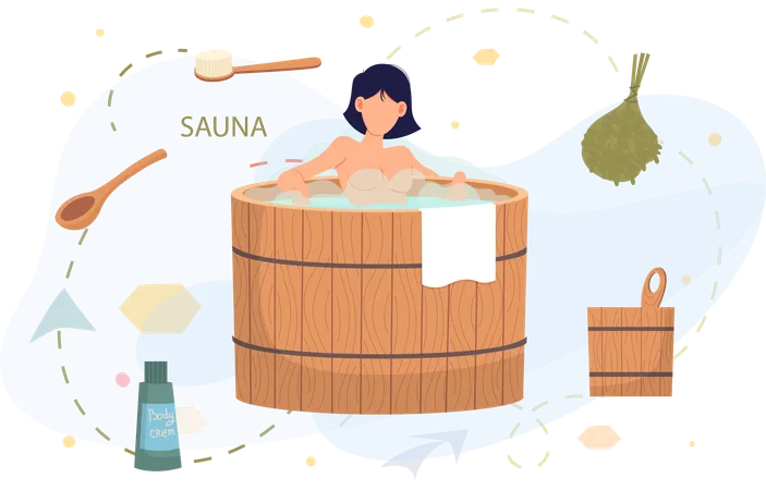 Femme se relaxant dans un bain à remous en bois  Illustration