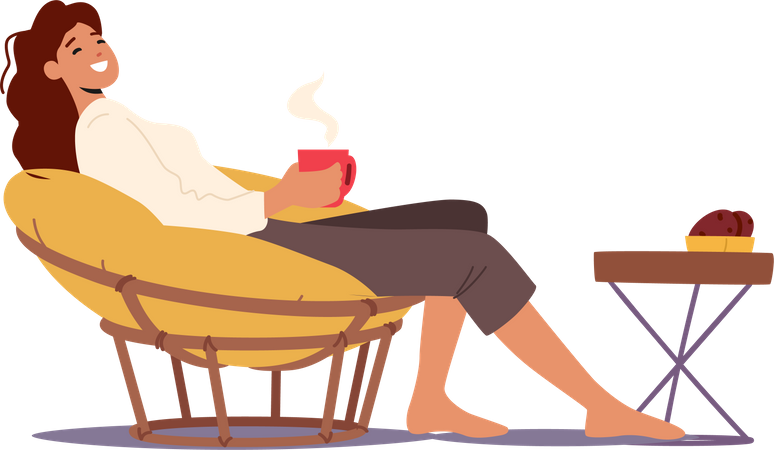 Femme se détendant et prenant un café tout en étant assise sur une chaise  Illustration