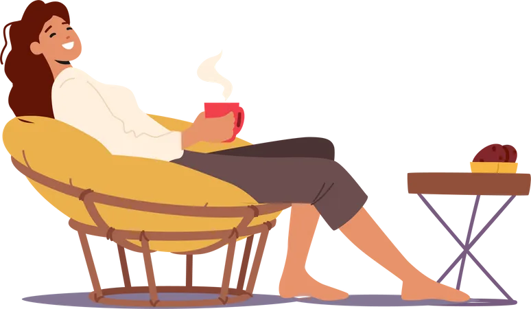 Femme se détendant et prenant un café tout en étant assise sur une chaise  Illustration