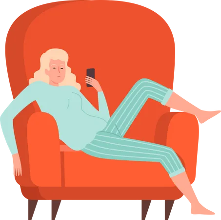 Femme relaxante sur un canapé tout en utilisant un mobile  Illustration