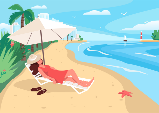 Femme relaxante sur la plage de sable  Illustration