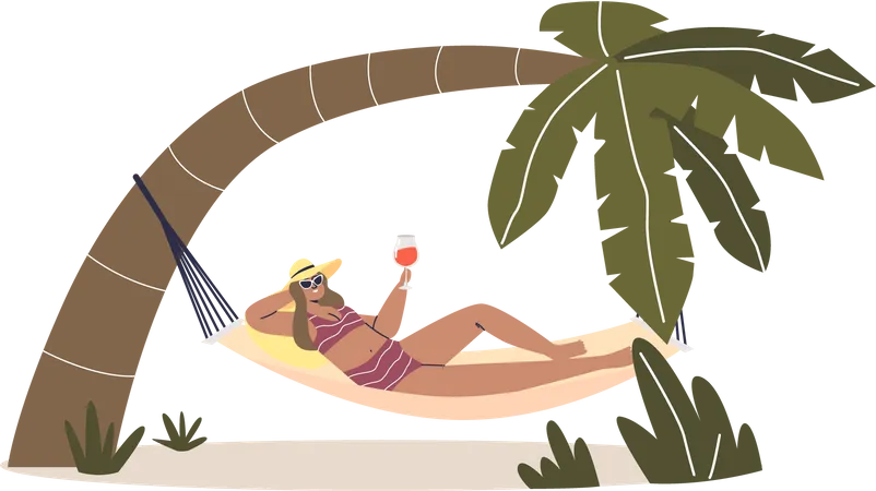 Femme Se Detendant Dans Un Hamac Avec Un Cocktail En Vacances Dans Un Complexe Tropical Jeune Fille En Bikini Prenant Un Bain De Soleil Sous Un Palmier Pendant Les Vacances Dete Illustration Vectorielle Plane De Dessin Anime Illustration