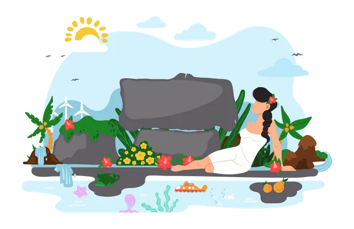 Femme relaxante sur l'île de Jeju  Illustration