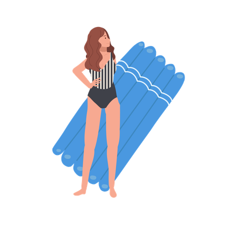 Femme relaxante sur la plage de sable avec un radeau en caoutchouc  Illustration