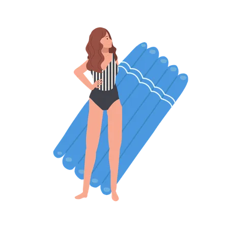 Femme relaxante sur la plage de sable avec un radeau en caoutchouc  Illustration