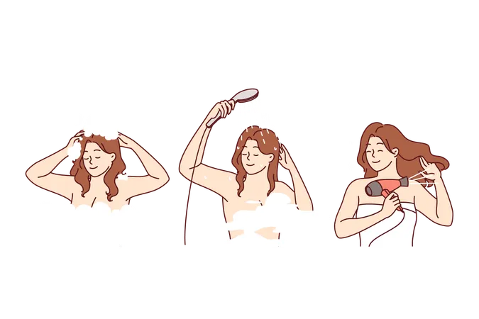 Une femme se lave la tête et prend soin de ses cheveux en utilisant un shampooing de haute qualité sous la douche et un sèche-cheveux électrique  Illustration