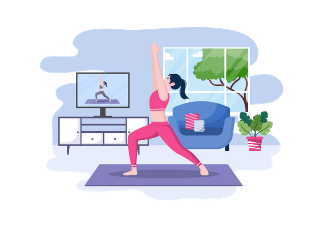 Femme suivant des cours de yoga et de méditation en ligne  Illustration