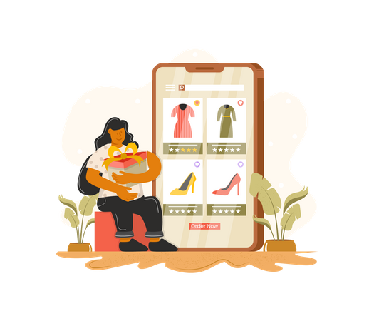 Femme recevant des cadeaux en ligne  Illustration